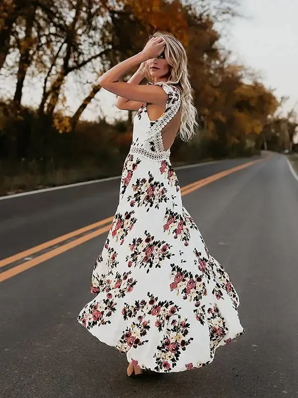 2024 Asymmetrical Black and White Floral Maxi Boho Dress