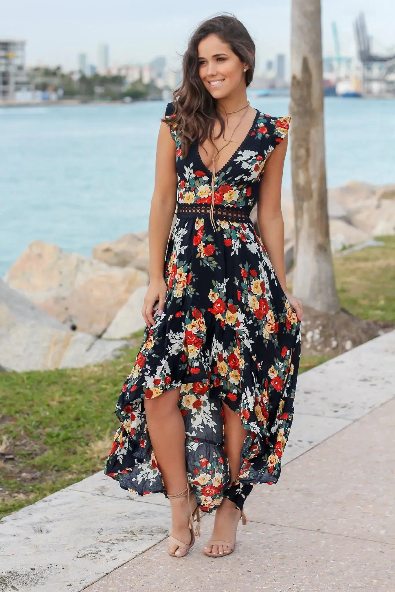 2024 Asymmetrical Black and White Floral Maxi Boho Dress