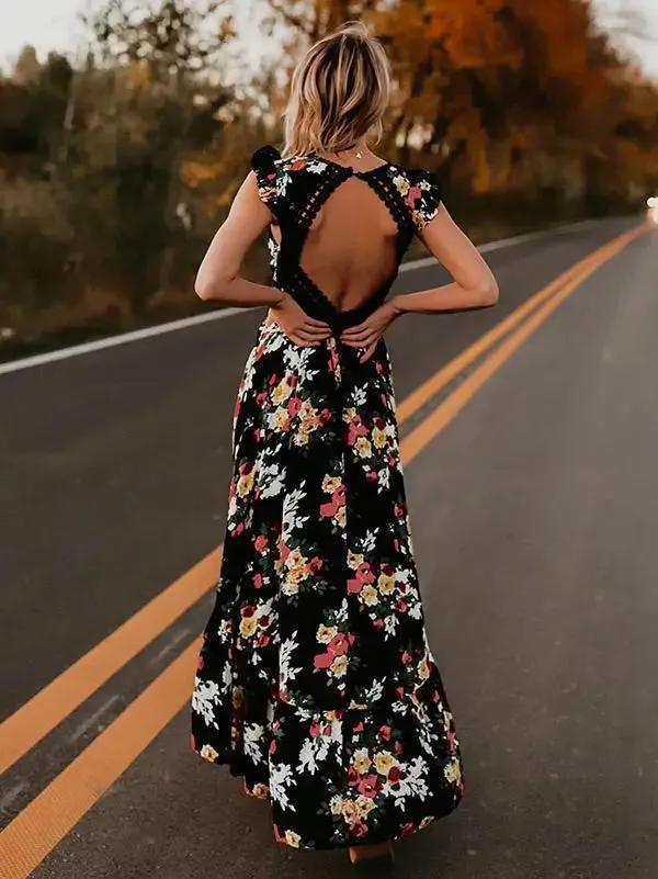 2024 Asymmetrical Black and White Floral Maxi Boho Dress