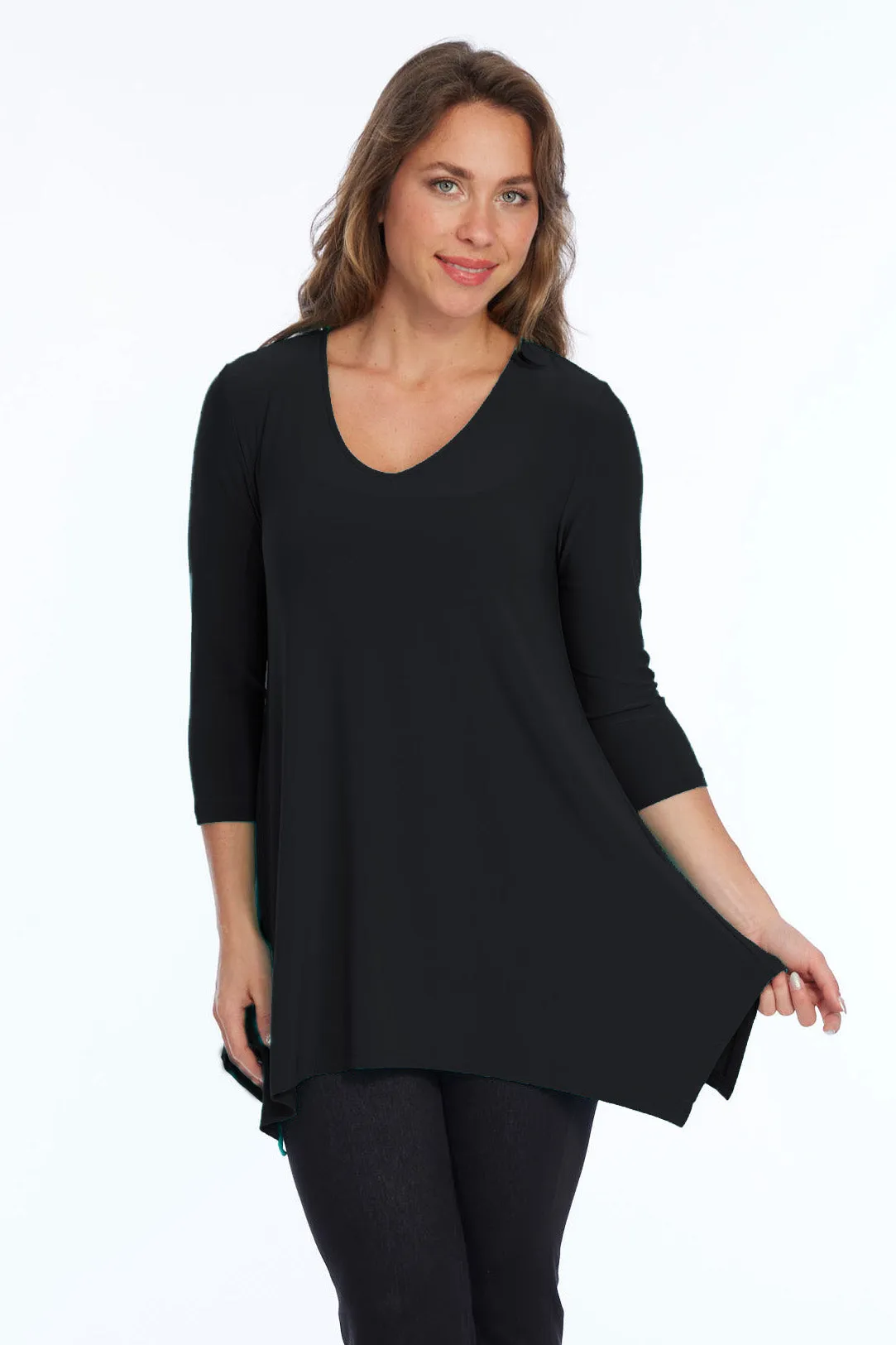 Alisha D High Low V Neck Tunic Top 3/4 Sleeves