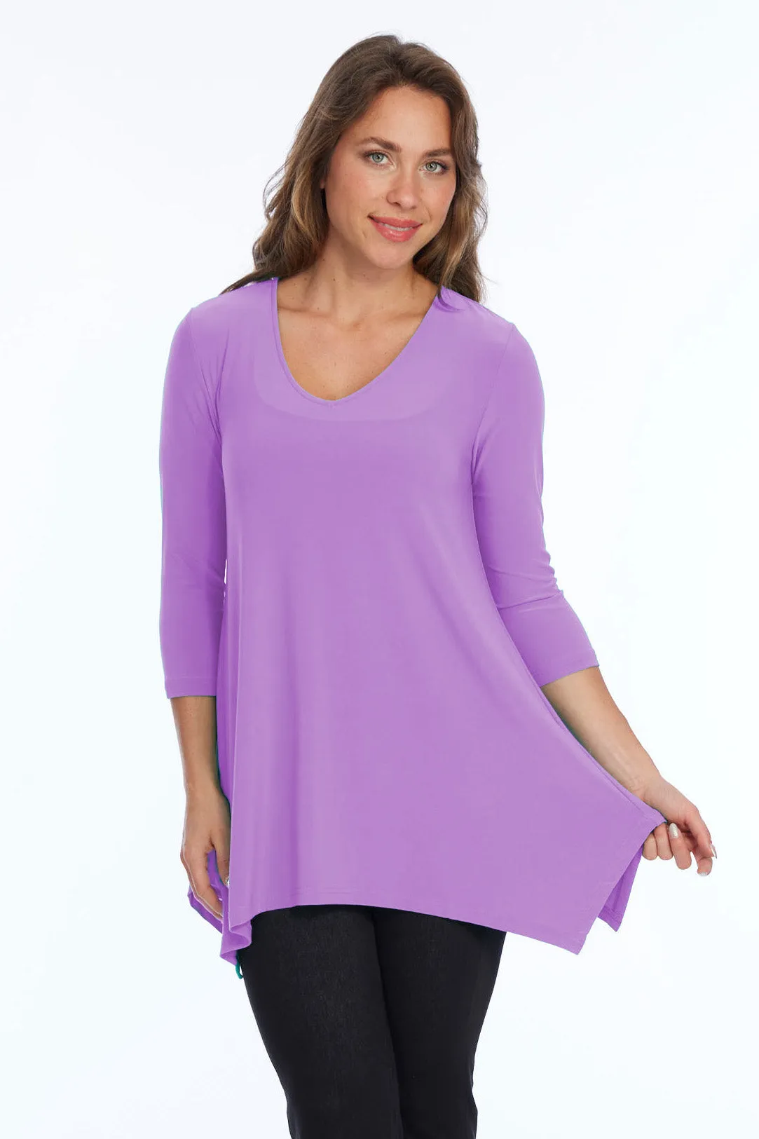 Alisha D High Low V Neck Tunic Top 3/4 Sleeves