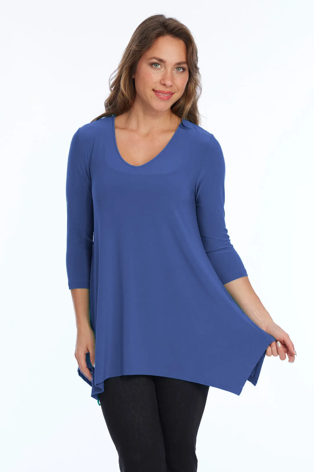 Alisha D High Low V Neck Tunic Top 3/4 Sleeves