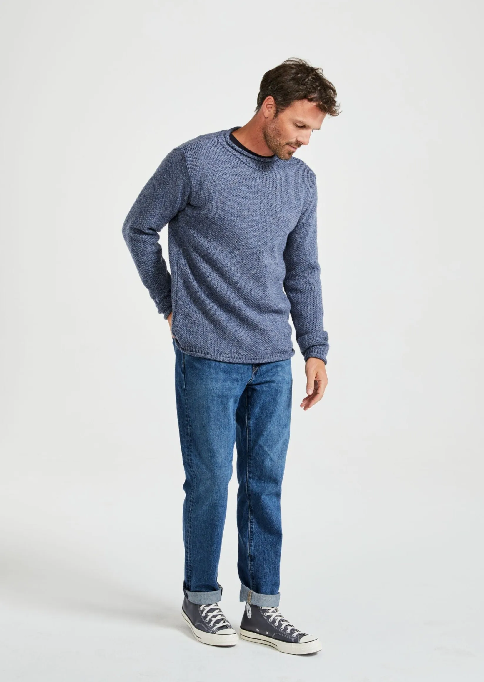 Aran Roll Neck Sweater | Denim