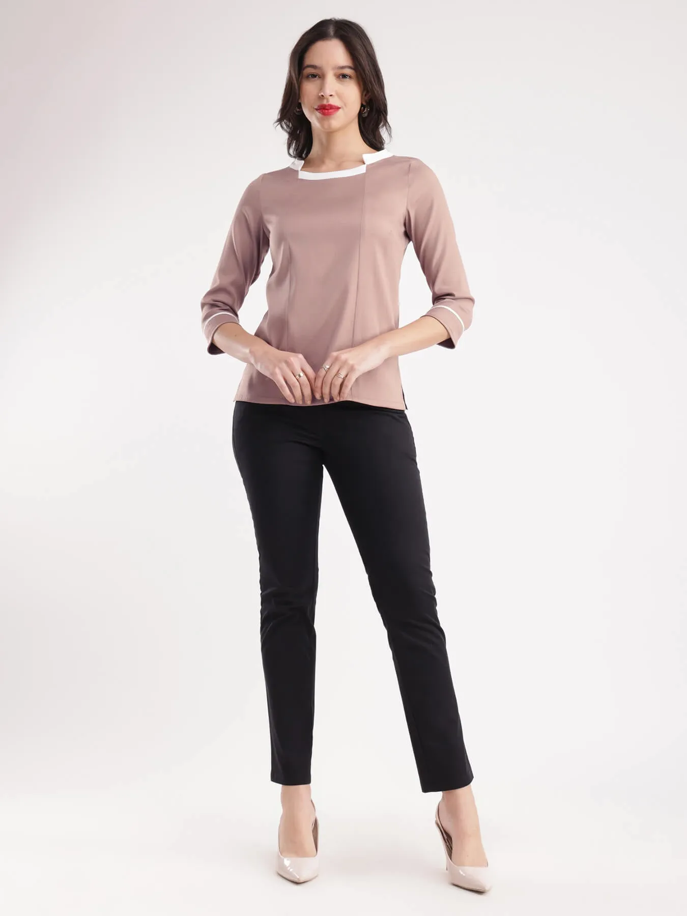 Asymmetrical Neck Top - Beige
