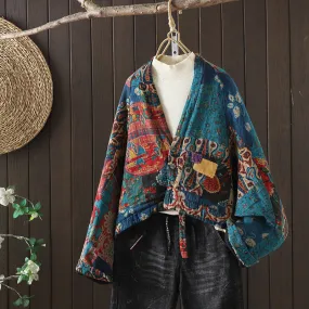 Babakud Women Winter Retro Patchwork Quilted Cotton Linen Jacket