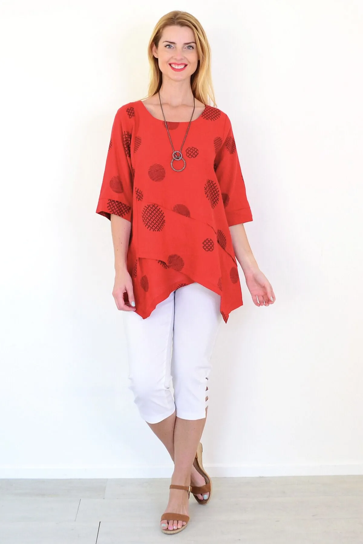 Black Circle Linen Blend Tunic Top
