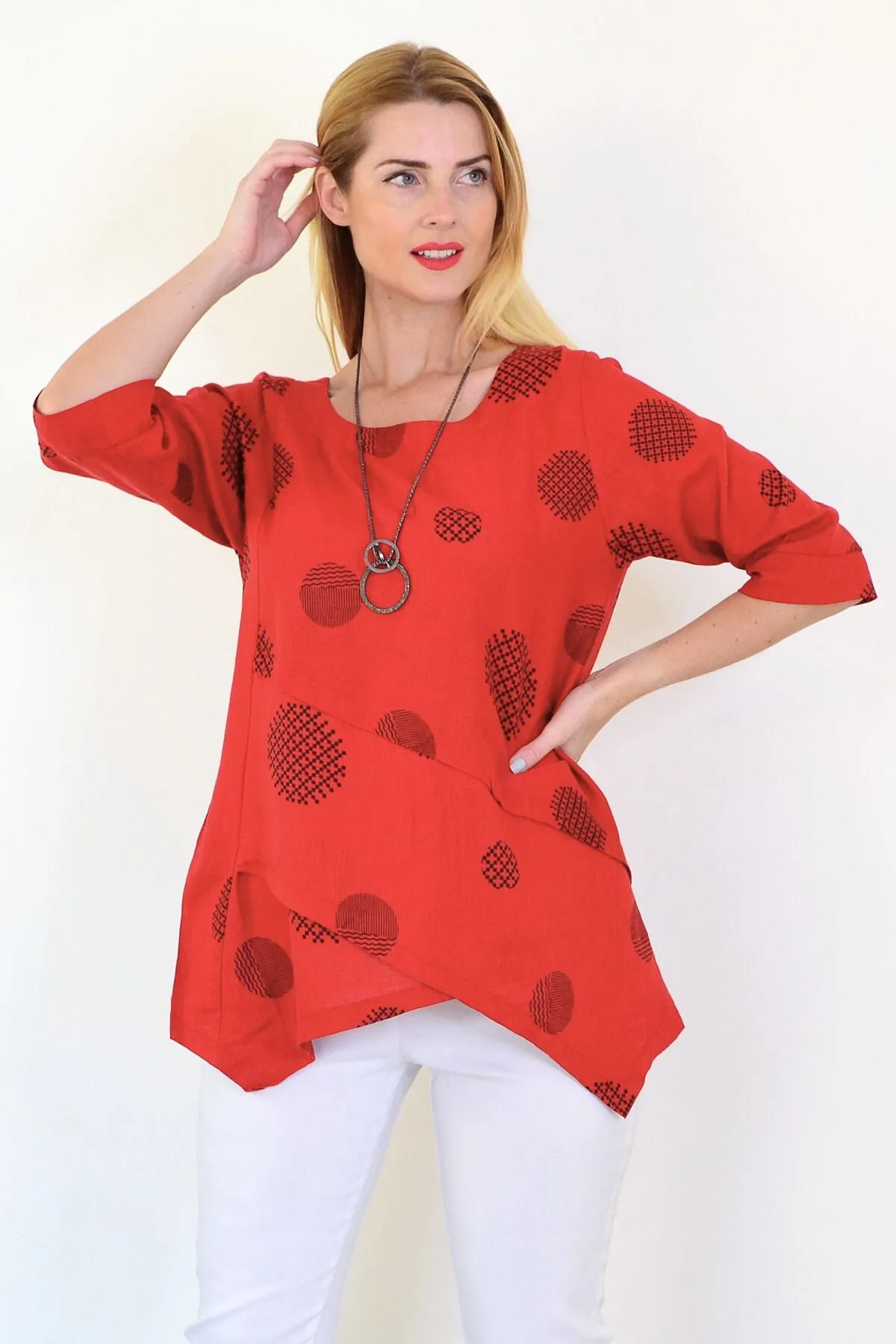 Black Circle Linen Blend Tunic Top