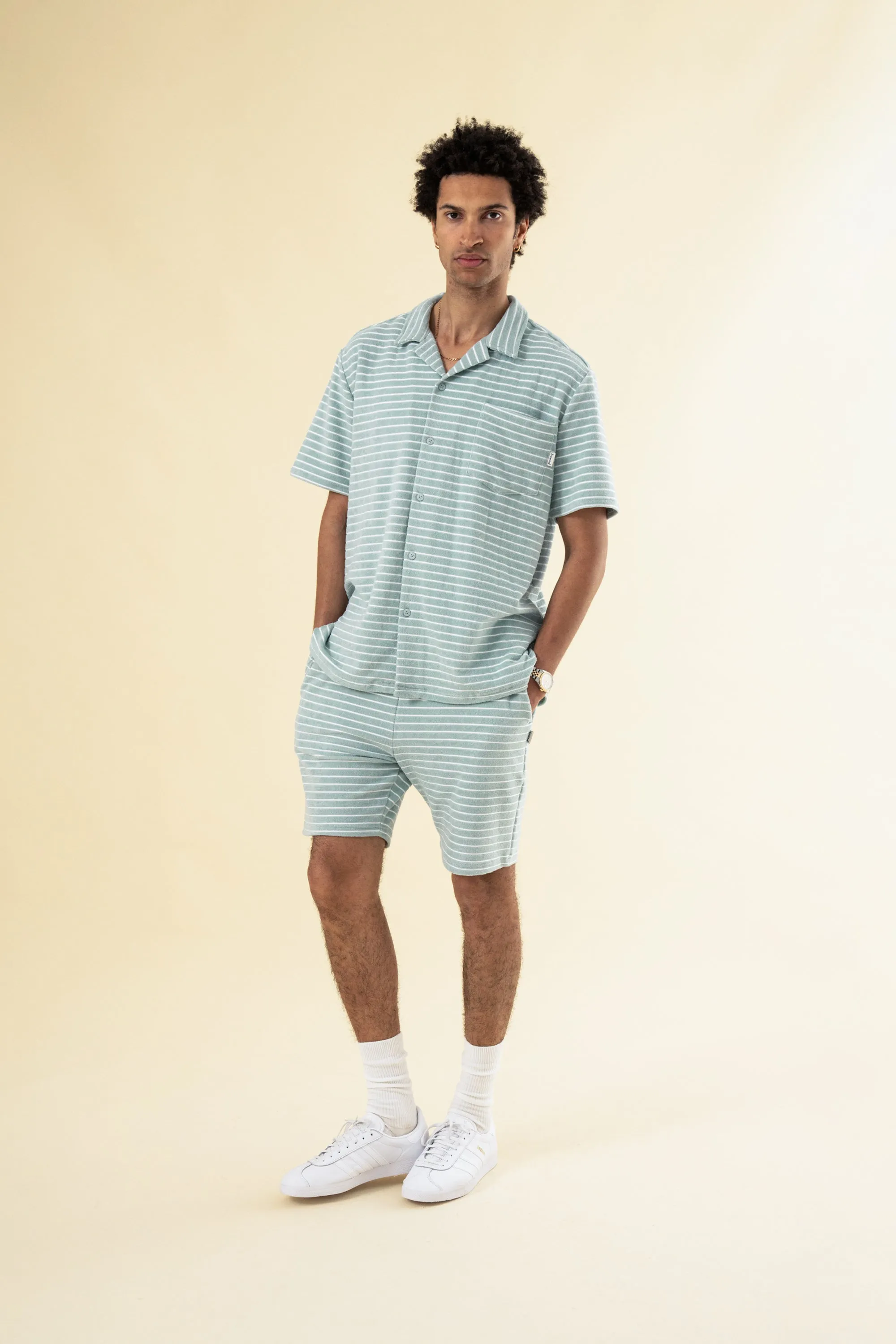 bound Stripe Terry Towel SS Cotton Shirt - Light Blue