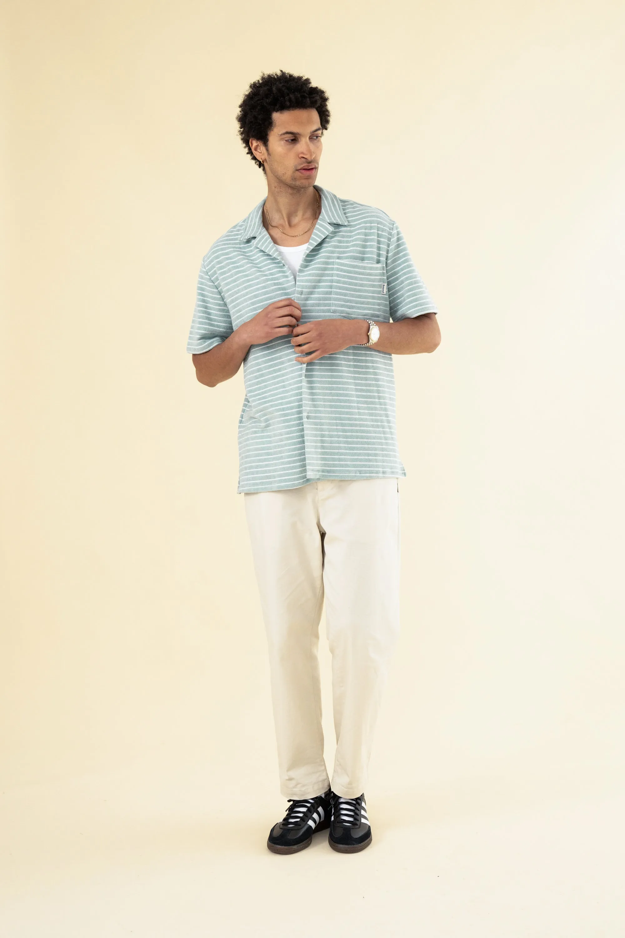 bound Stripe Terry Towel SS Cotton Shirt - Light Blue