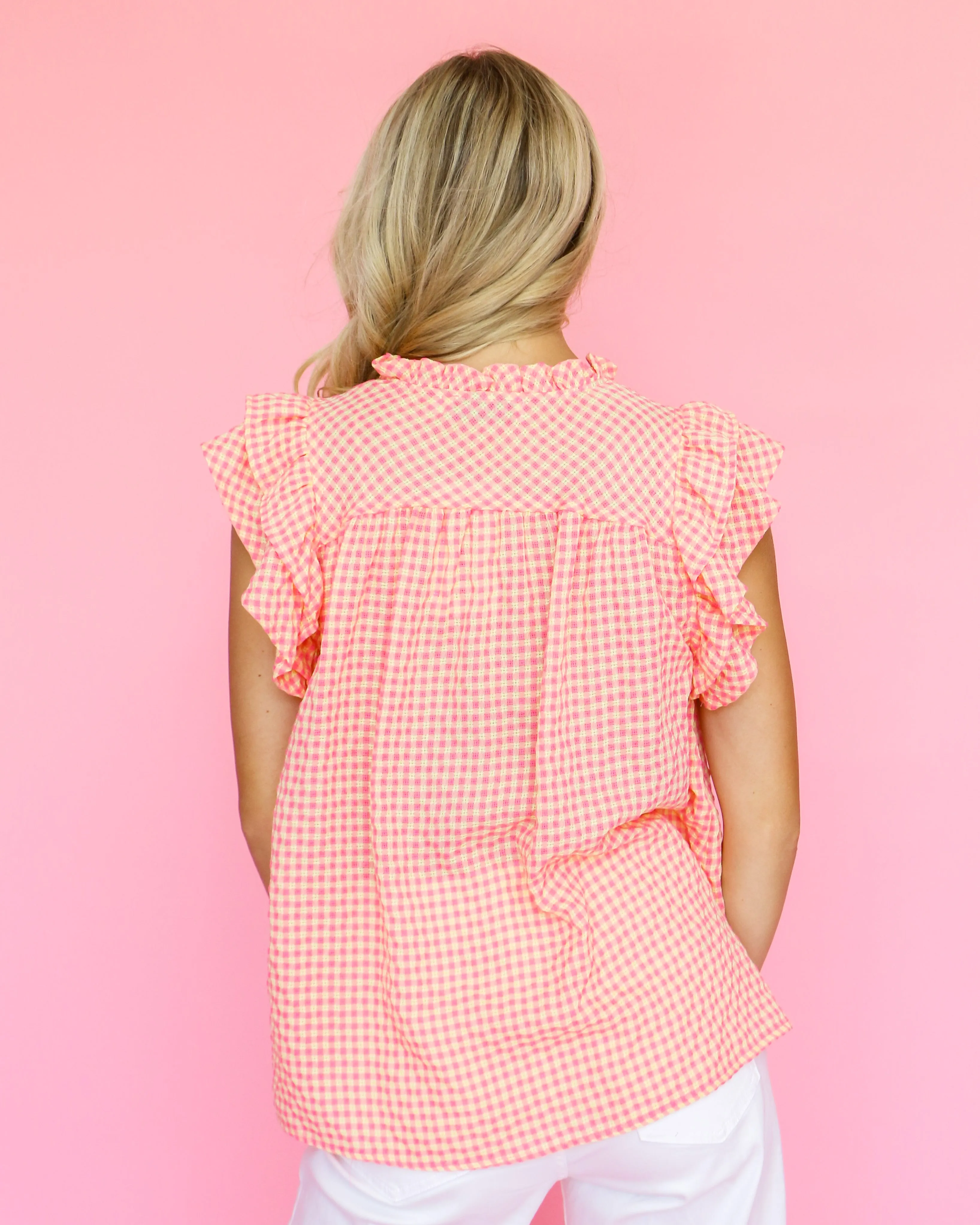 Boxy Cut Checkered Print Flutter Sleeve Top in Pink/Yellow