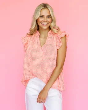 Boxy Cut Checkered Print Flutter Sleeve Top in Pink/Yellow