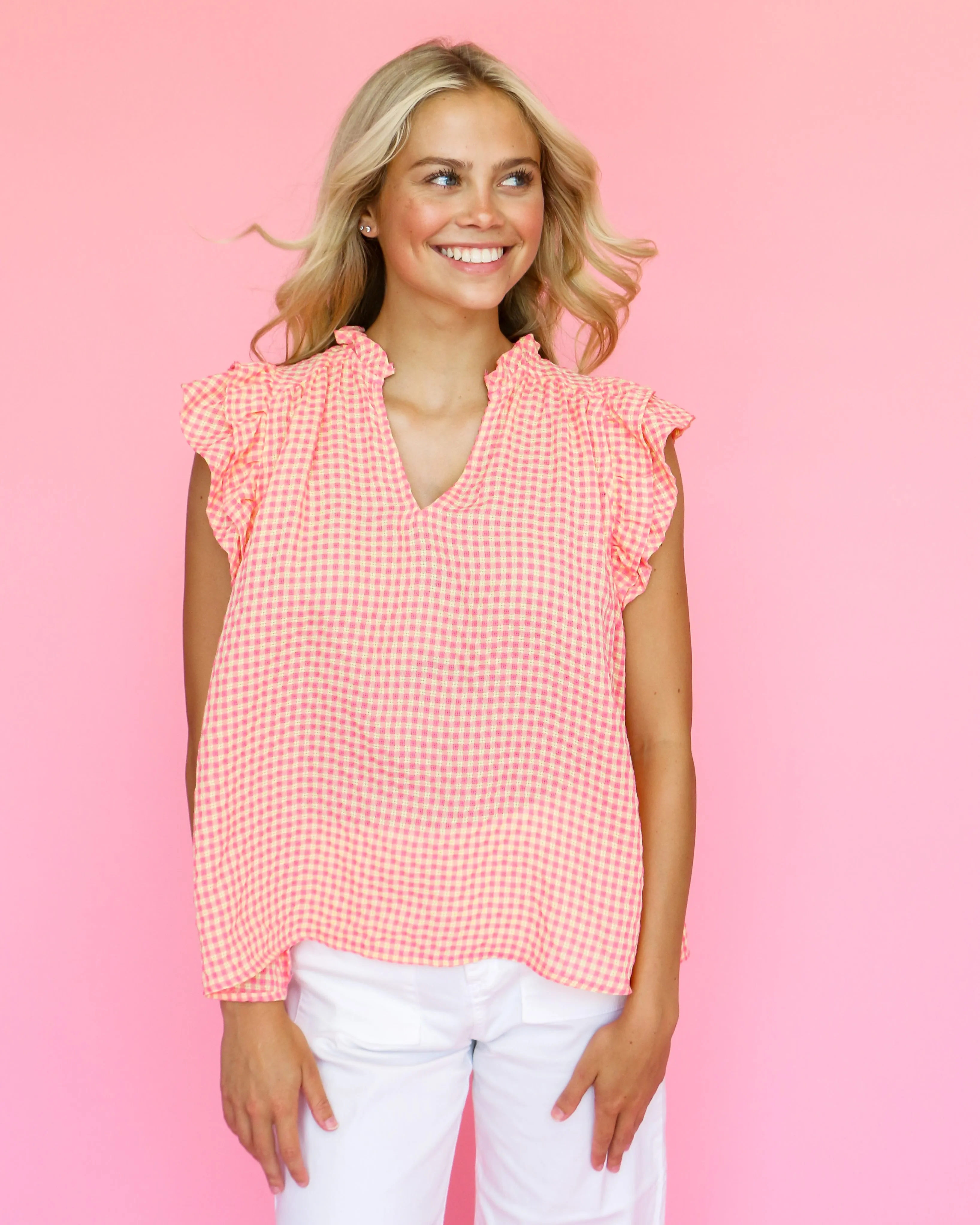 Boxy Cut Checkered Print Flutter Sleeve Top in Pink/Yellow