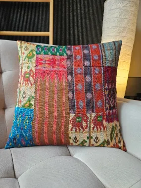 Bright Vintage Sari Kantha Patchwork Cushion Cover, 45 x 45 cm