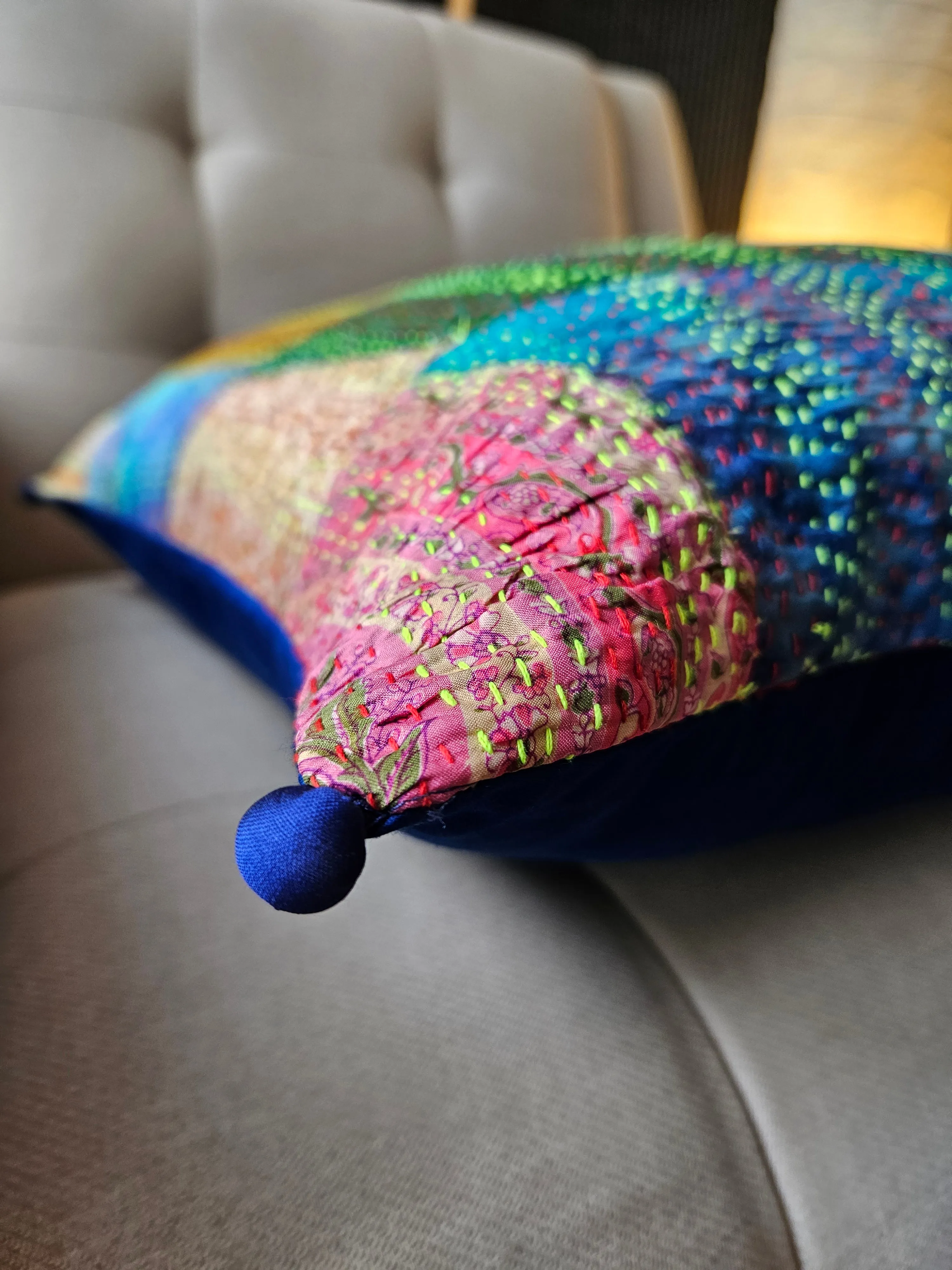 Bright Vintage Sari Kantha Patchwork Cushion Cover, 50 x 50 cm