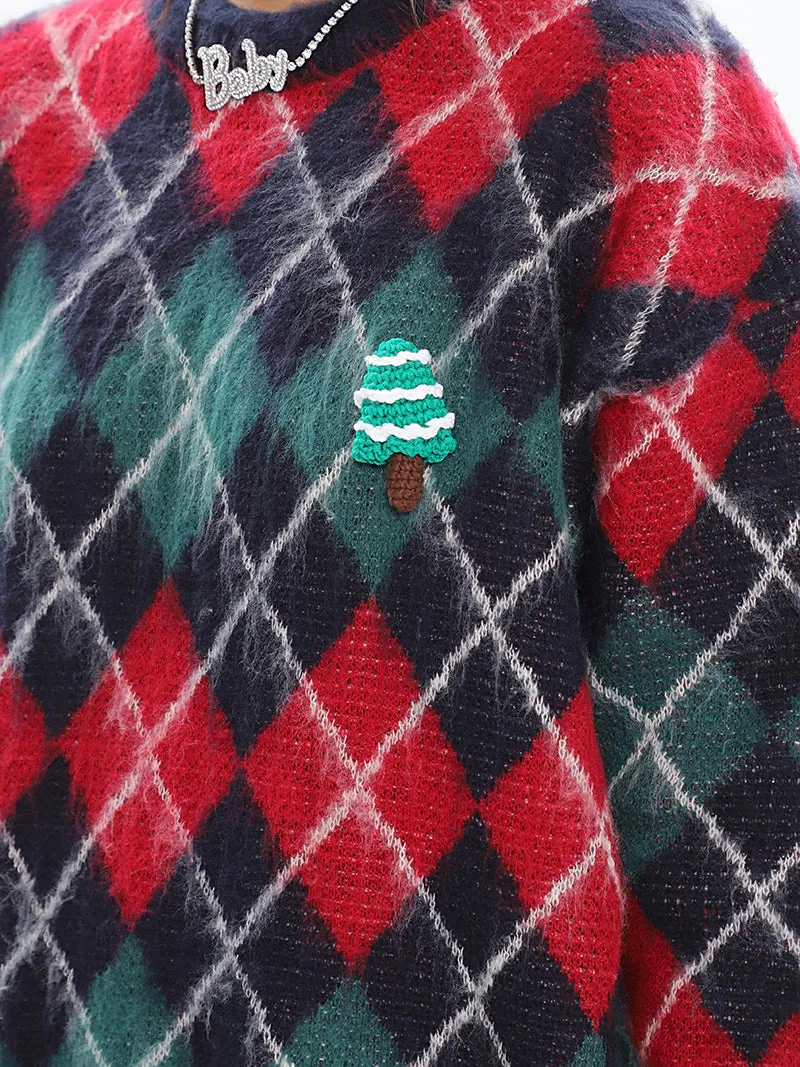 Christmas Argyle Diamond Knitted Long Sleeve Sweater