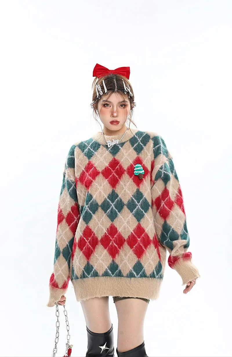 Christmas Argyle Diamond Knitted Long Sleeve Sweater