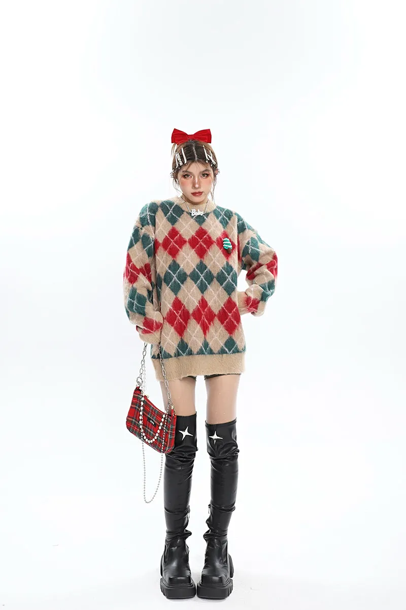 Christmas Argyle Diamond Knitted Long Sleeve Sweater