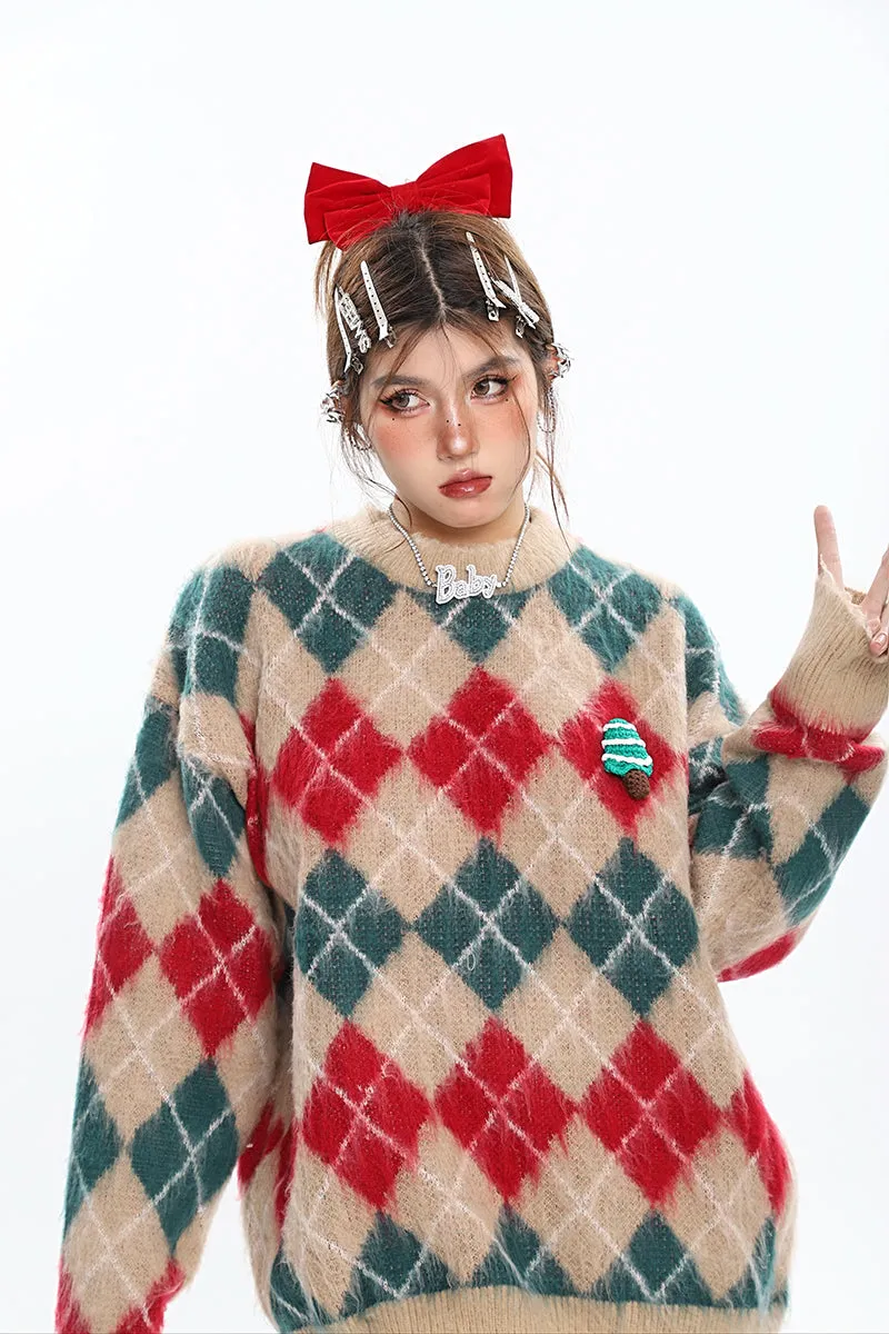 Christmas Argyle Diamond Knitted Long Sleeve Sweater