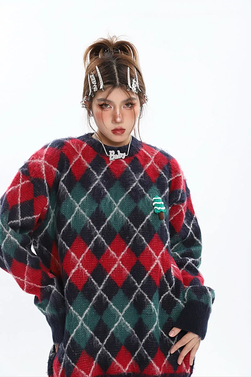Christmas Argyle Diamond Knitted Long Sleeve Sweater