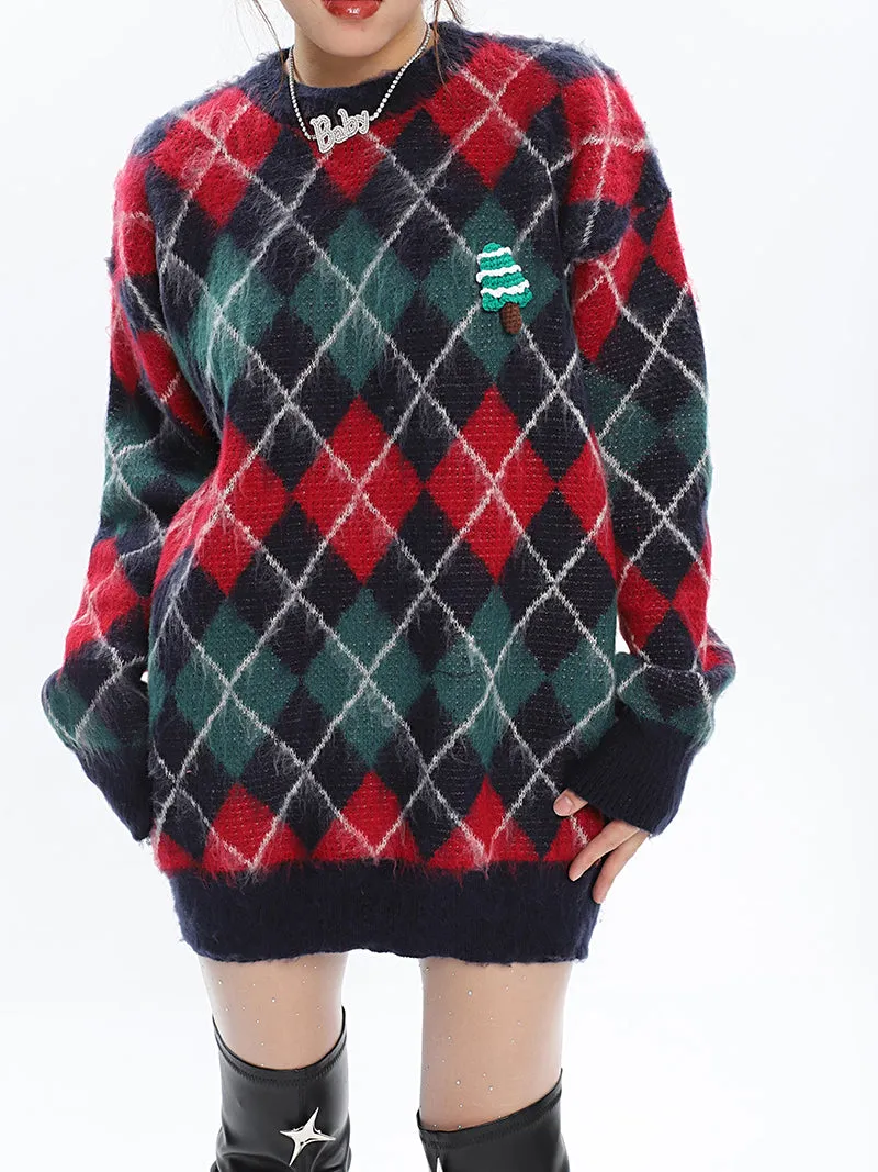 Christmas Argyle Diamond Knitted Long Sleeve Sweater