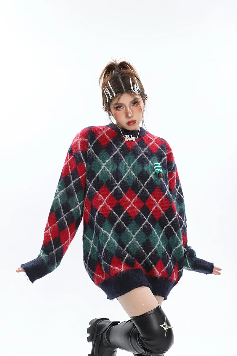 Christmas Argyle Diamond Knitted Long Sleeve Sweater