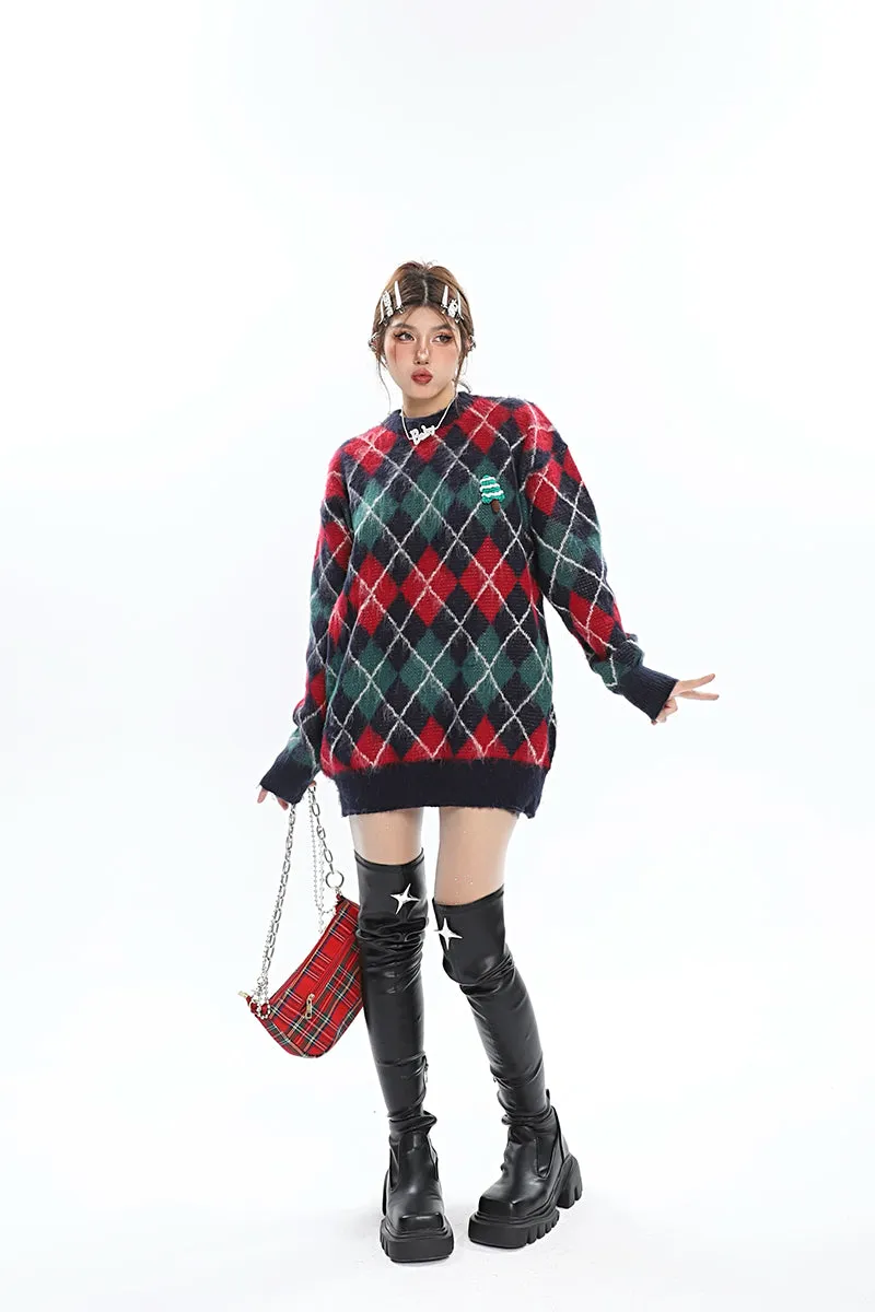 Christmas Argyle Diamond Knitted Long Sleeve Sweater