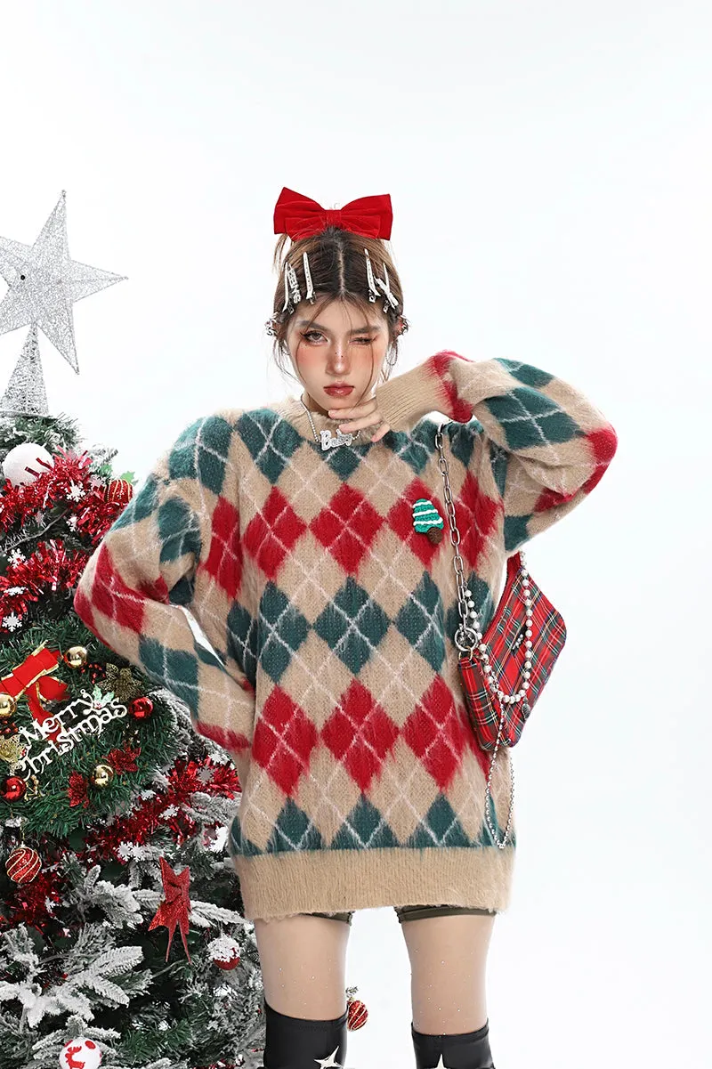 Christmas Argyle Diamond Knitted Long Sleeve Sweater