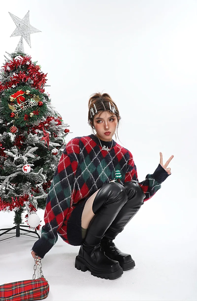 Christmas Argyle Diamond Knitted Long Sleeve Sweater