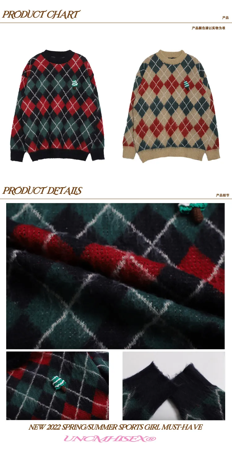 Christmas Argyle Diamond Knitted Long Sleeve Sweater
