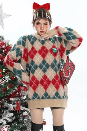 Christmas Argyle Diamond Knitted Long Sleeve Sweater