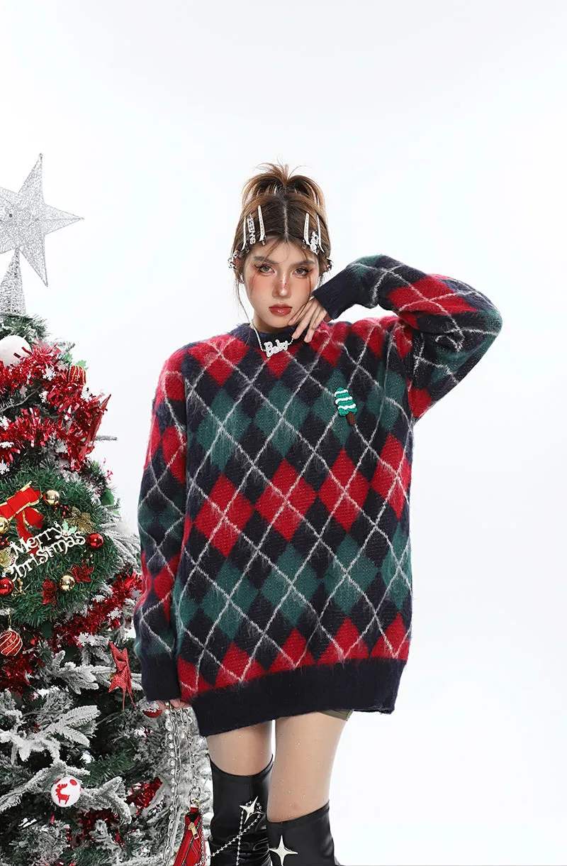 Christmas Argyle Diamond Knitted Long Sleeve Sweater