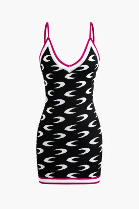 Contrast Crescent Moon Print Knit V-neck Slip Mini Dress