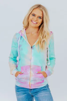 Cooler Breeze Tie Dye Zip Up Hoodie in Pink/Apricot