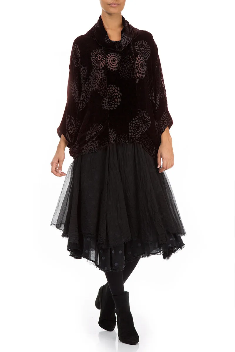 Cowl Neck Devoré Burgundy Silk Velvet Blouse
