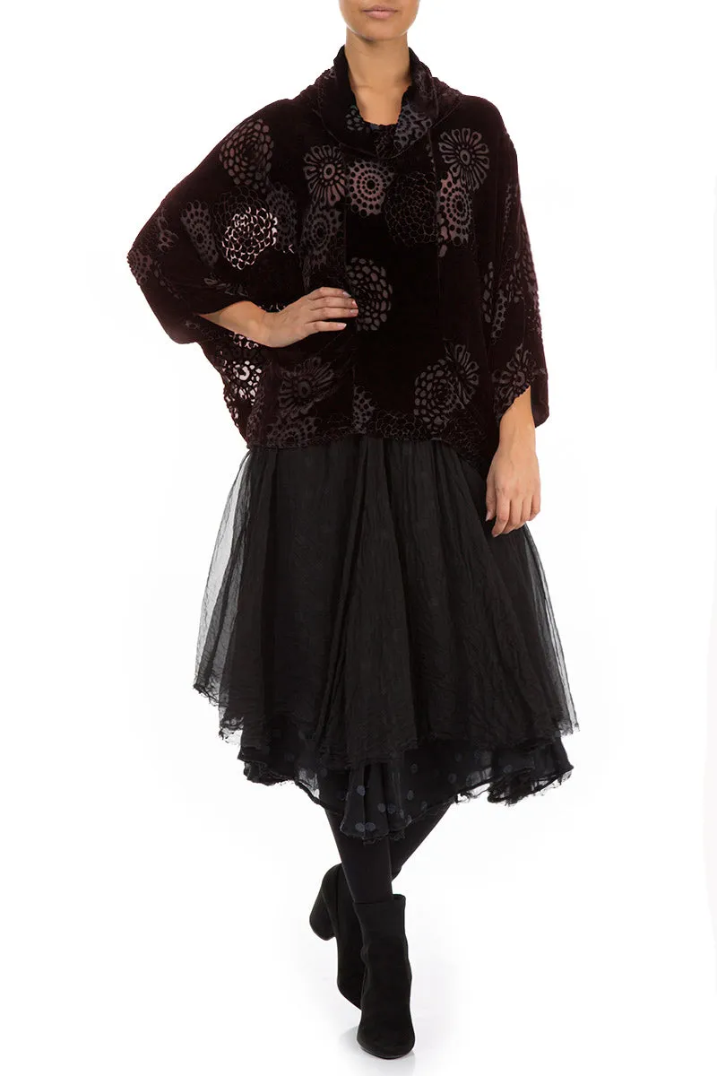 Cowl Neck Devoré Burgundy Silk Velvet Blouse