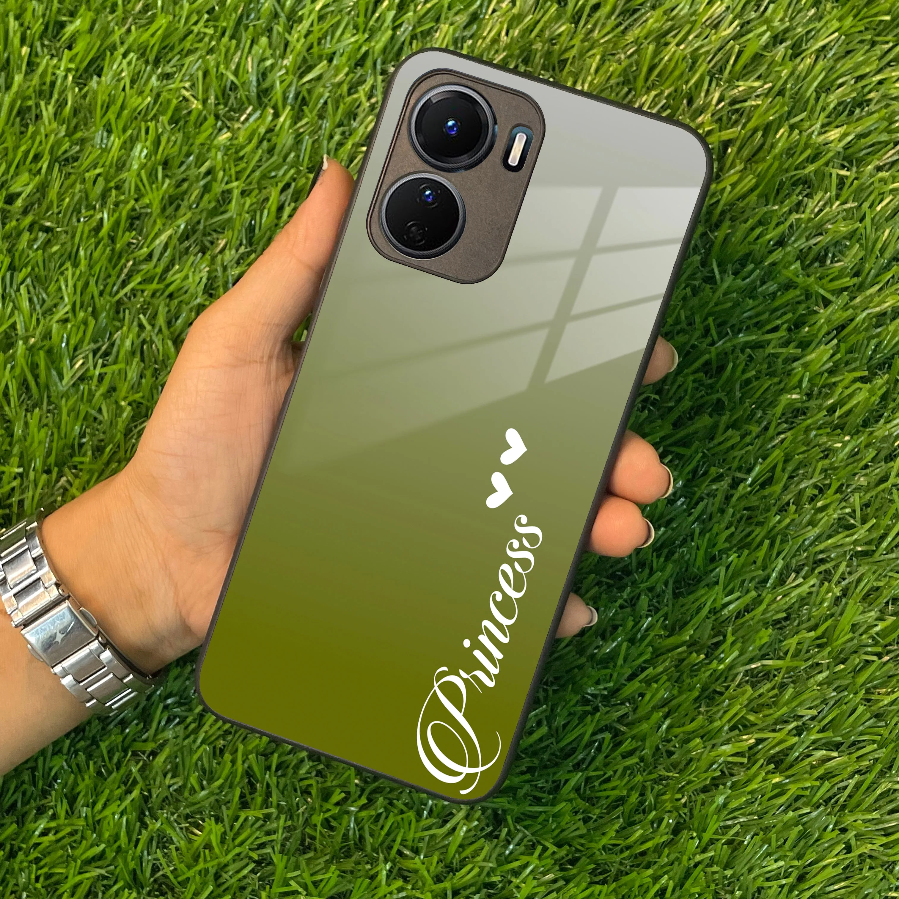 Customize Name Gradient Glass Case Cover Mint Green For Vivo