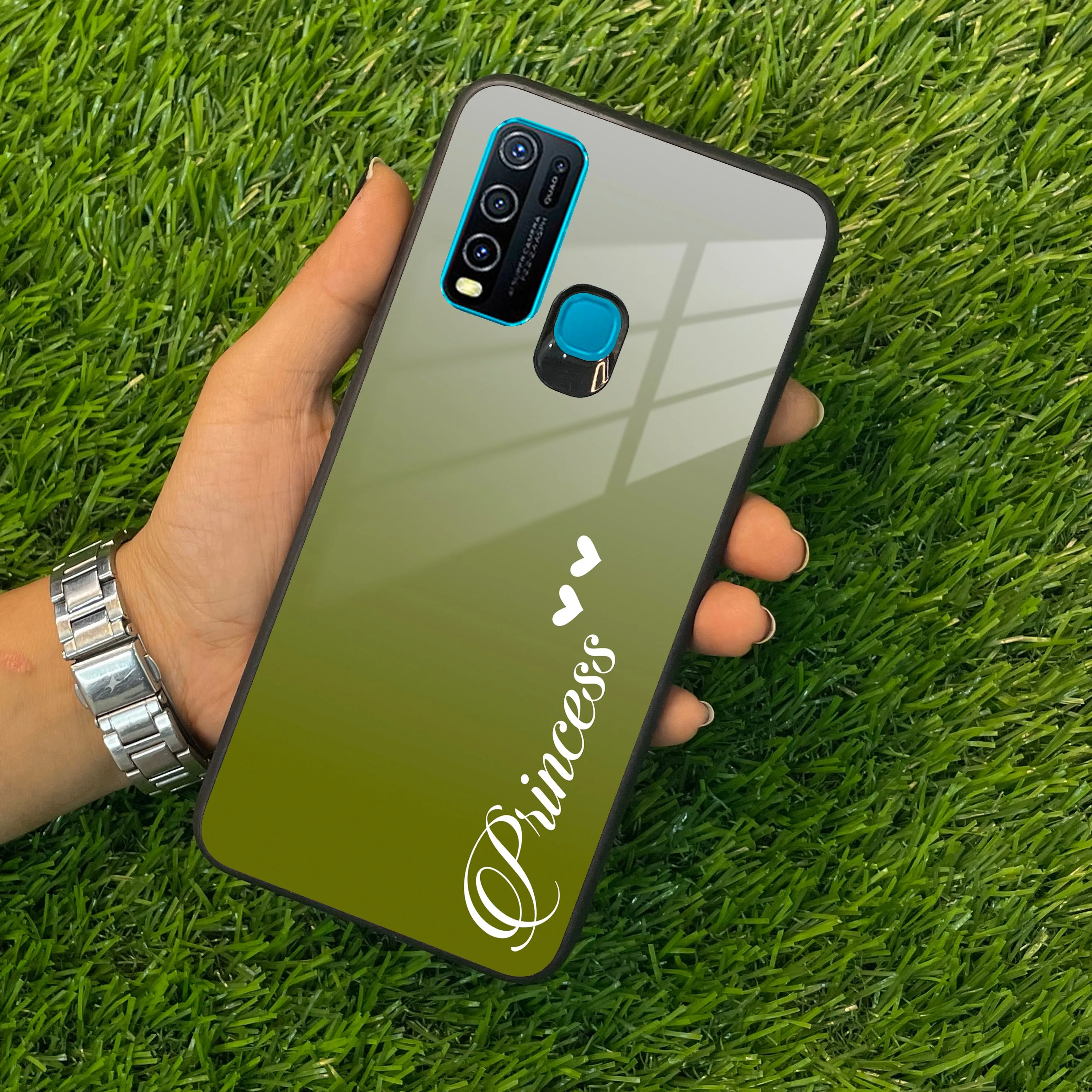 Customize Name Gradient Glass Case Cover Mint Green For Vivo
