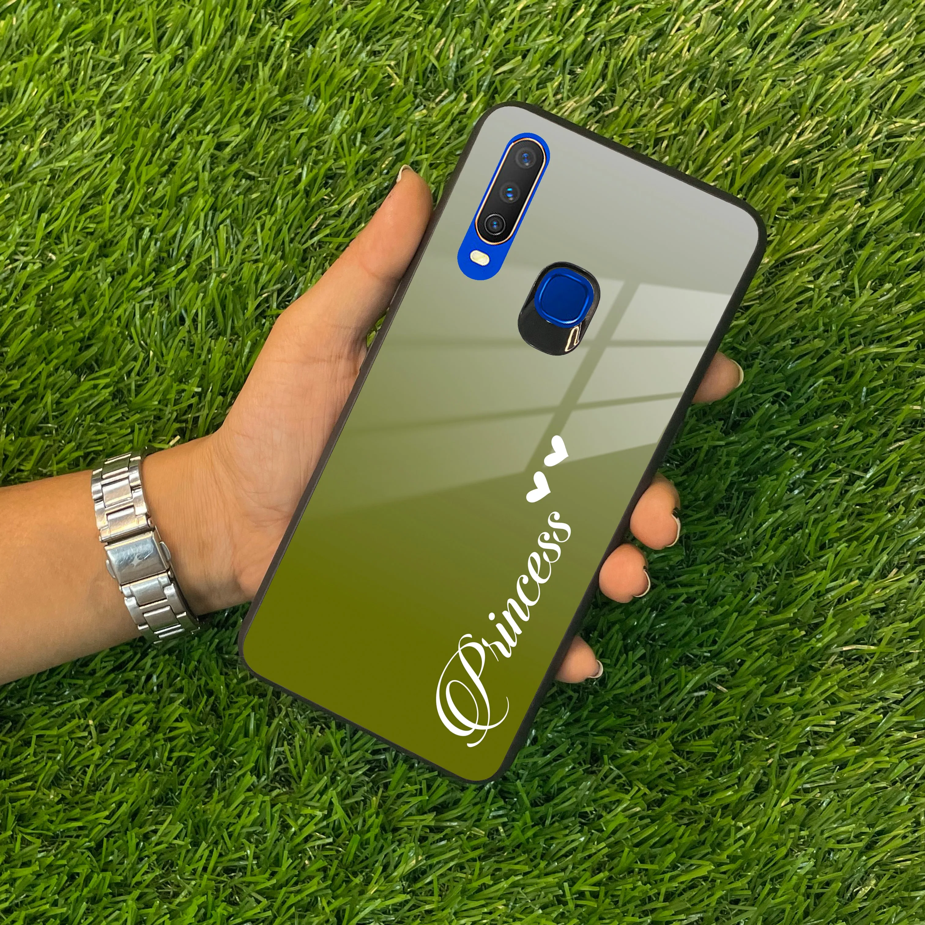 Customize Name Gradient Glass Case Cover Mint Green For Vivo