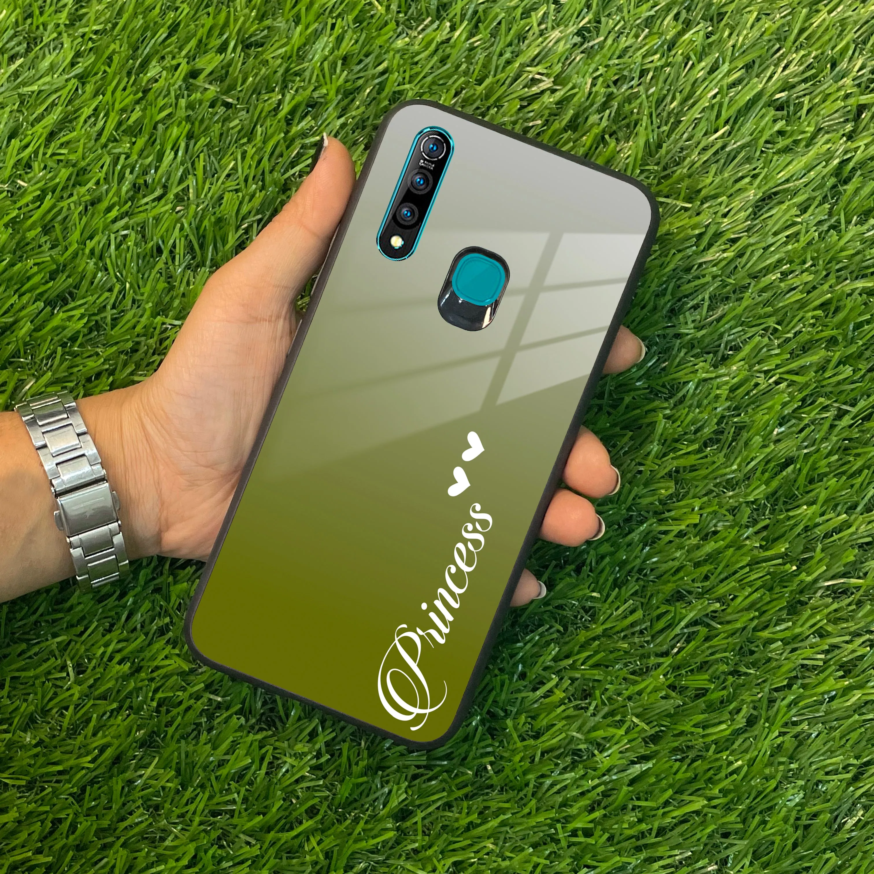 Customize Name Gradient Glass Case Cover Mint Green For Vivo