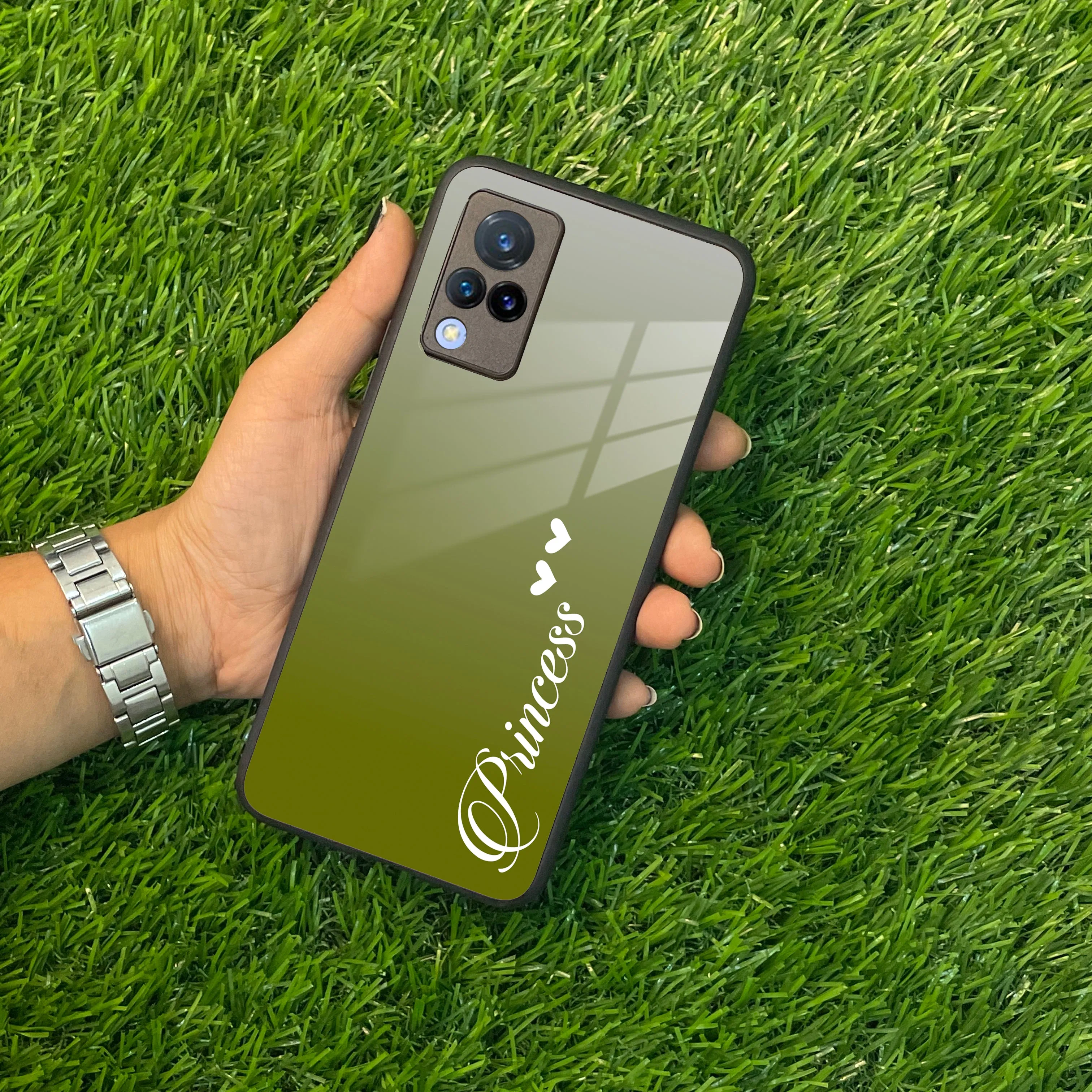 Customize Name Gradient Glass Case Cover Mint Green For Vivo