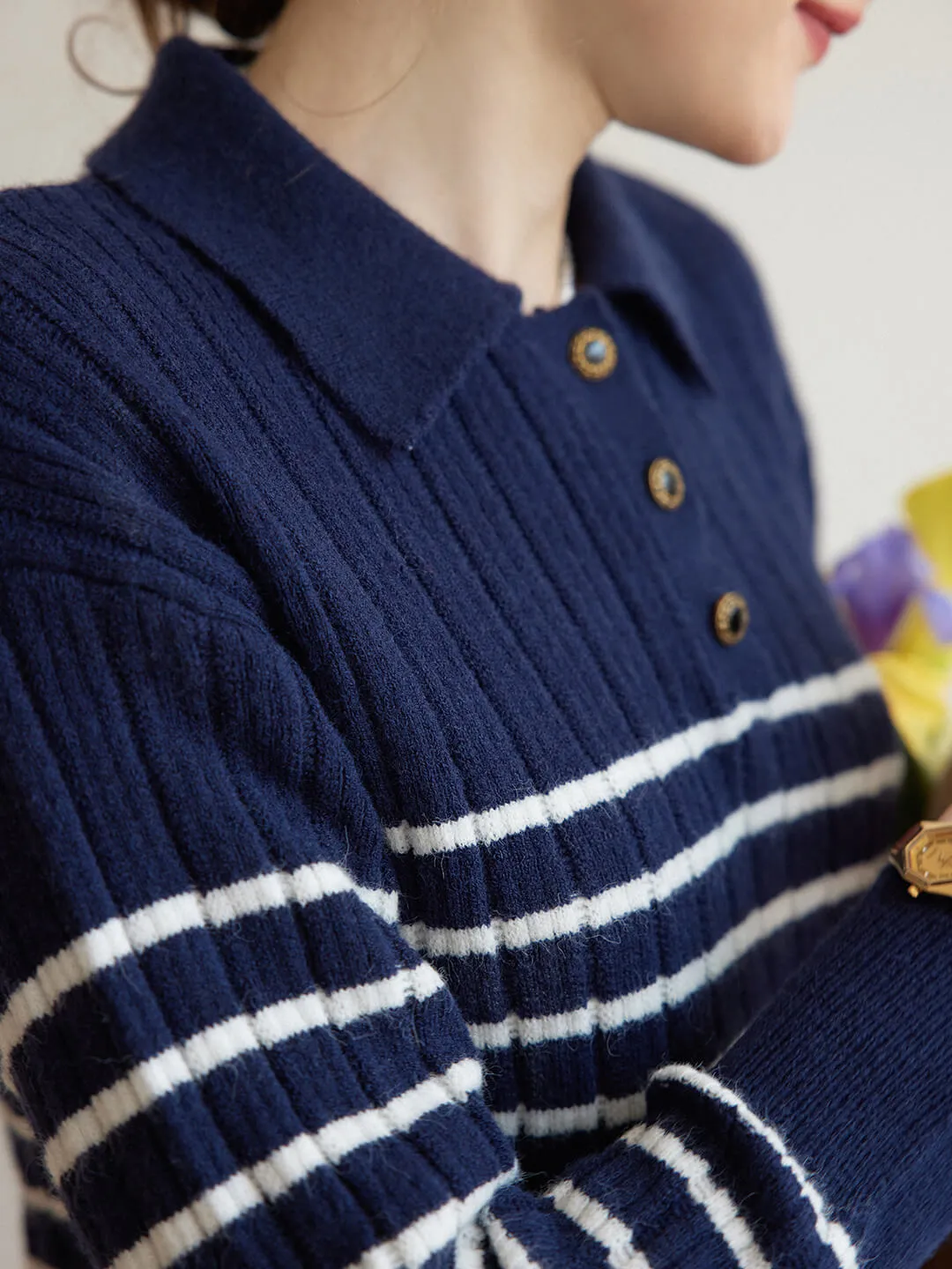 Davian Striped Blue Polo Knit Top