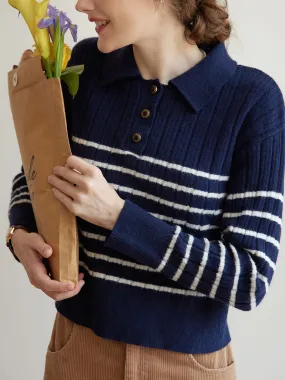 Davian Striped Blue Polo Knit Top