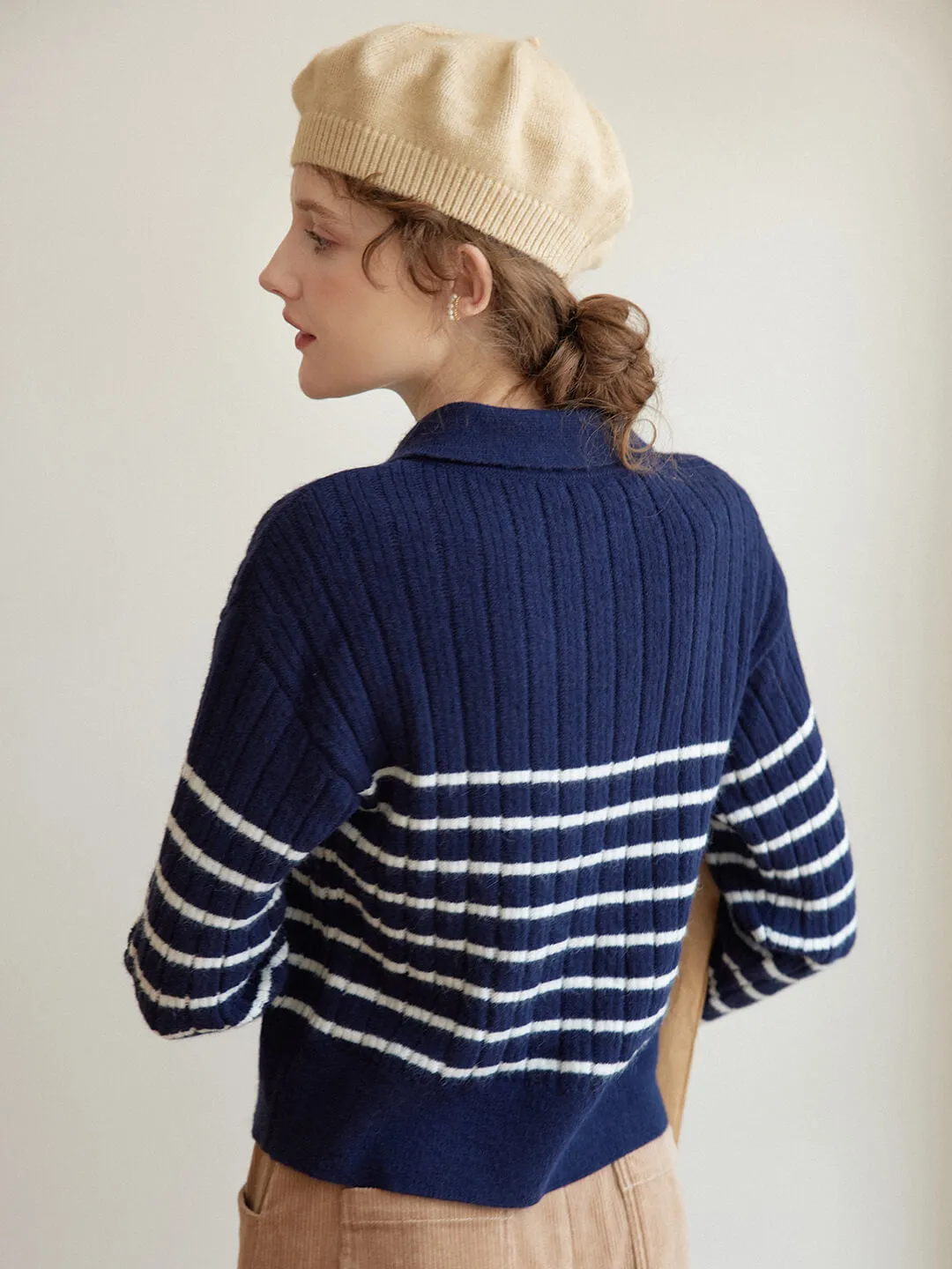 Davian Striped Blue Polo Knit Top