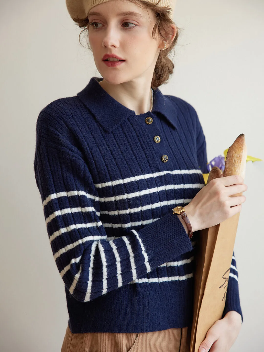 Davian Striped Blue Polo Knit Top