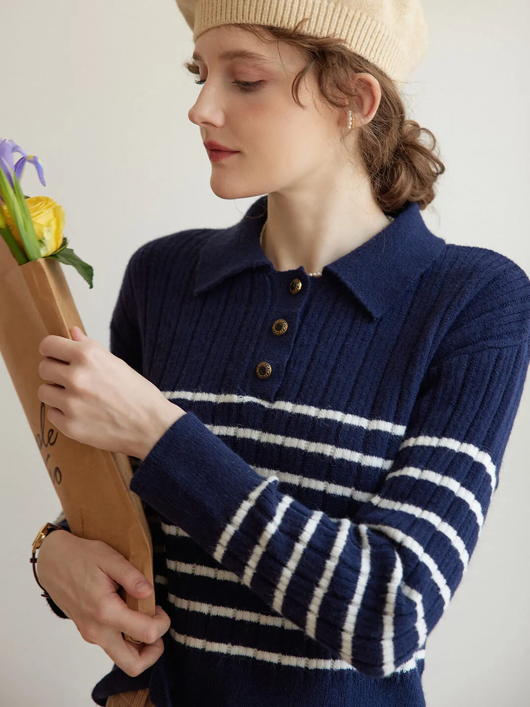 Davian Striped Blue Polo Knit Top