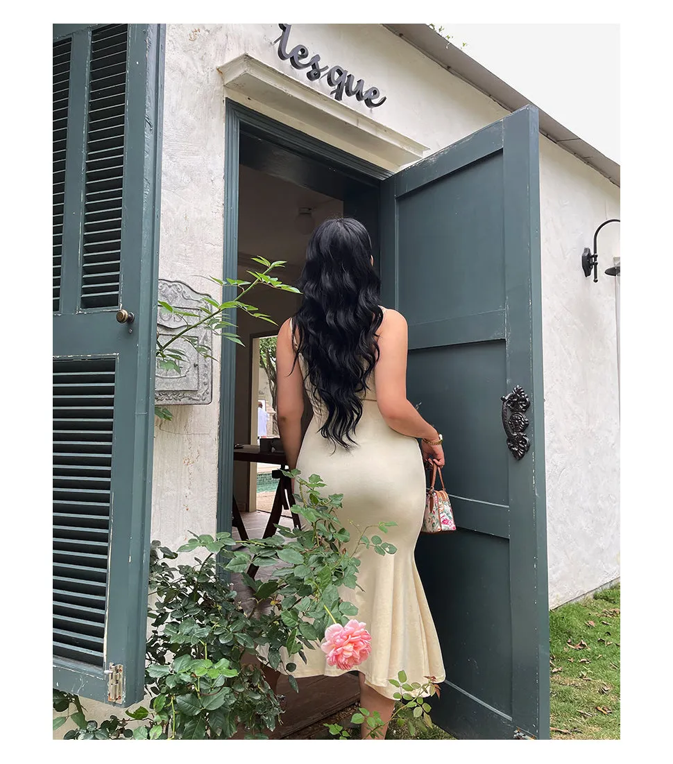 Diana Patchwork Floral Spaghetti Strap V-Neck Slim Long Plus Size Dress