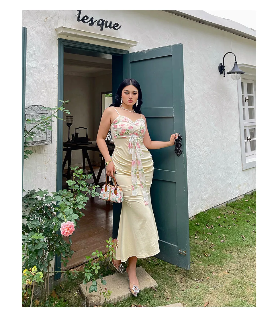 Diana Patchwork Floral Spaghetti Strap V-Neck Slim Long Plus Size Dress