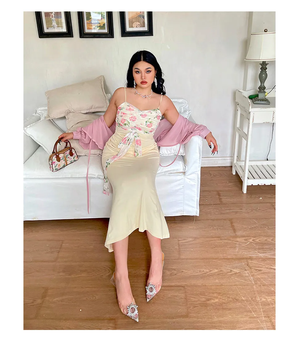 Diana Patchwork Floral Spaghetti Strap V-Neck Slim Long Plus Size Dress