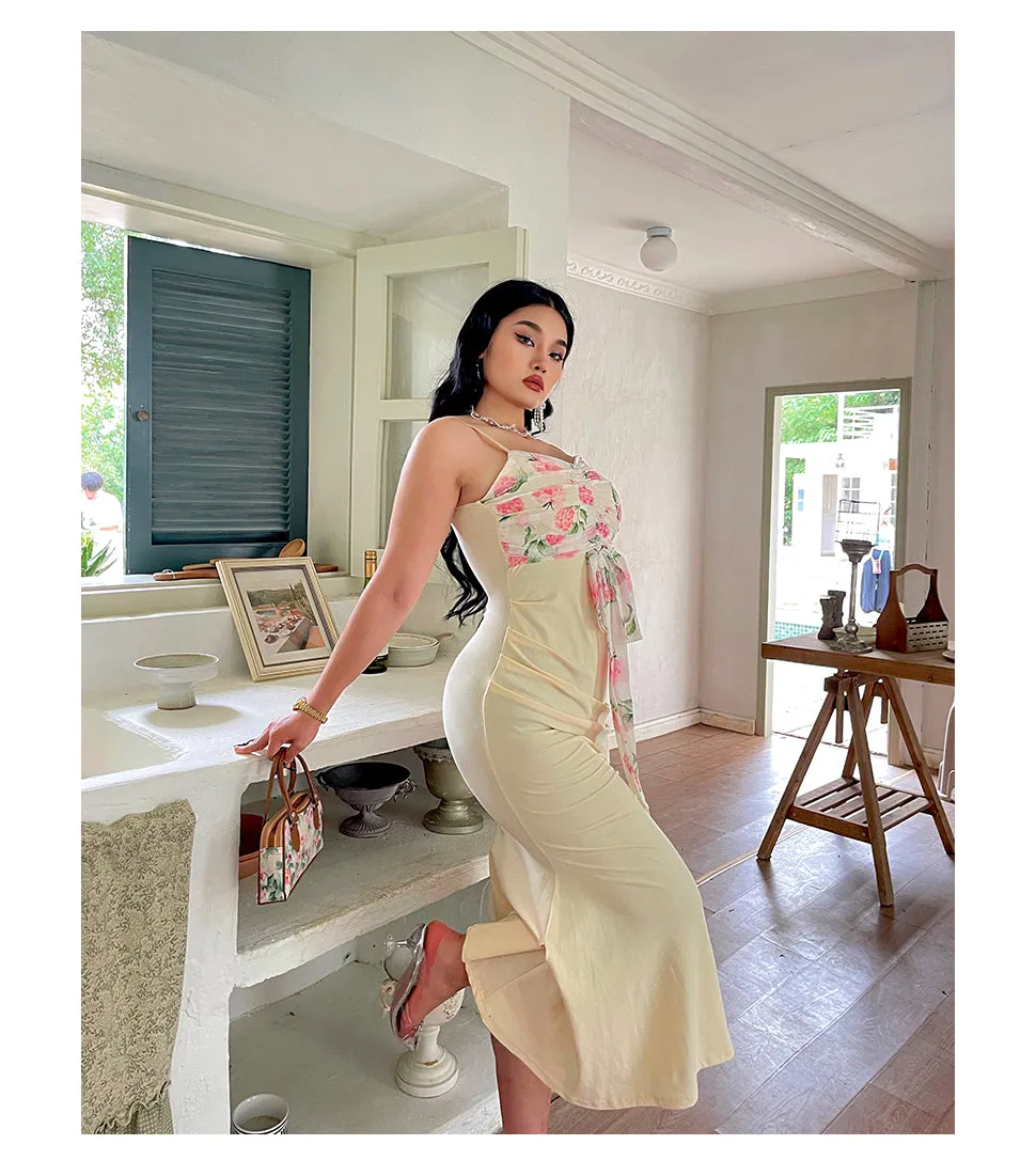 Diana Patchwork Floral Spaghetti Strap V-Neck Slim Long Plus Size Dress