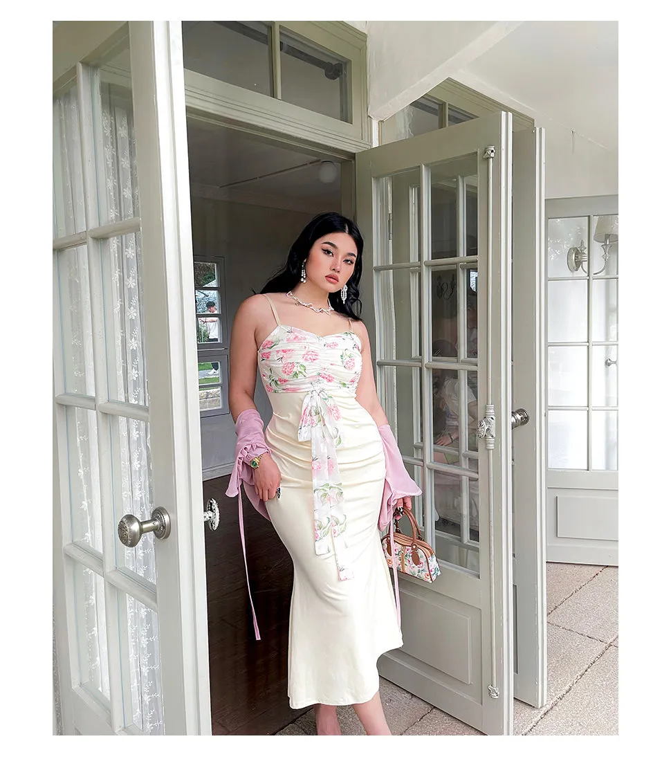 Diana Patchwork Floral Spaghetti Strap V-Neck Slim Long Plus Size Dress